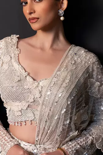 Ivory Embroidered Tulle Net Lehenga Set