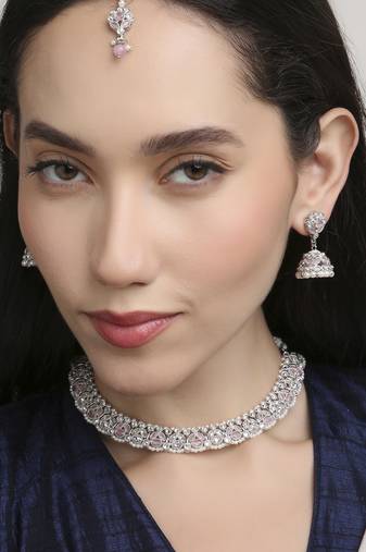 lavish flower design pearl kundan silver plated choker jewellery set for women