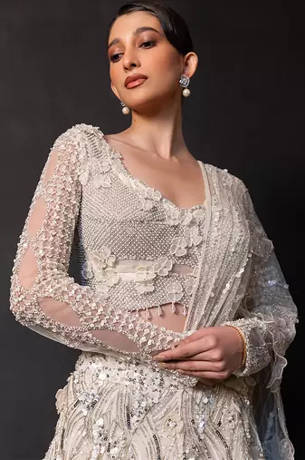 Ivory Embroidered Tulle Net Lehenga Set