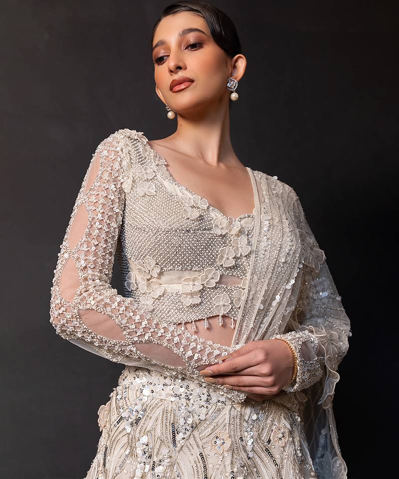 Ivory Embroidered Tulle Net Lehenga Set