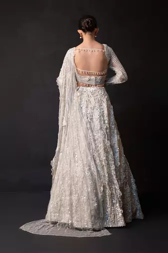 Ivory Embroidered Tulle Net Lehenga Set