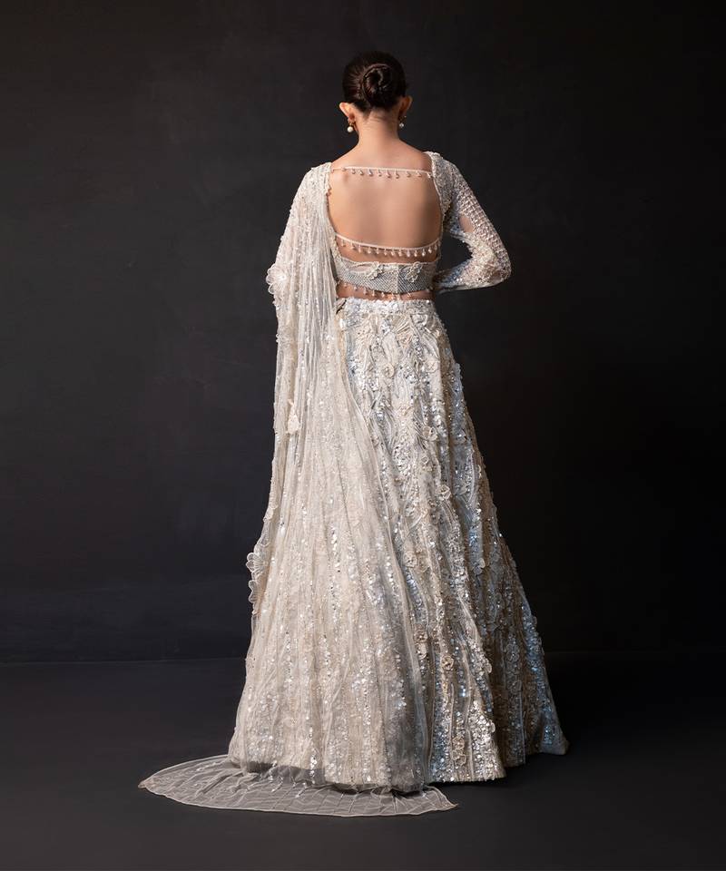 Ivory Embroidered Tulle Net Lehenga Set