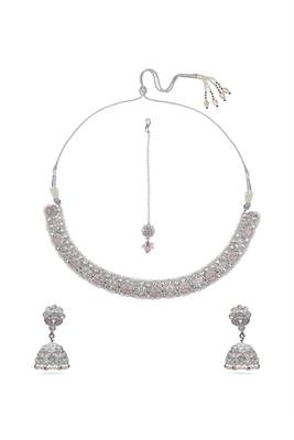 lavish flower design pearl kundan silver plated choker jewellery set for women 3
