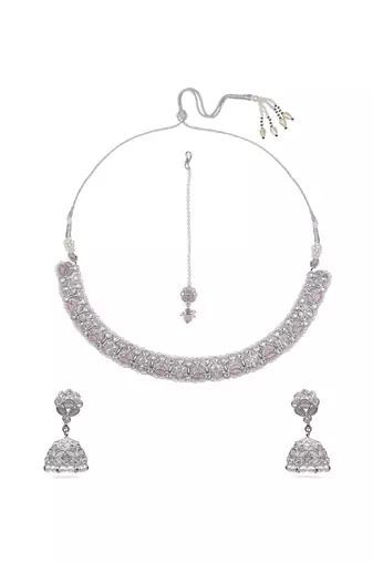 lavish flower design pearl kundan silver plated choker jewellery set for women