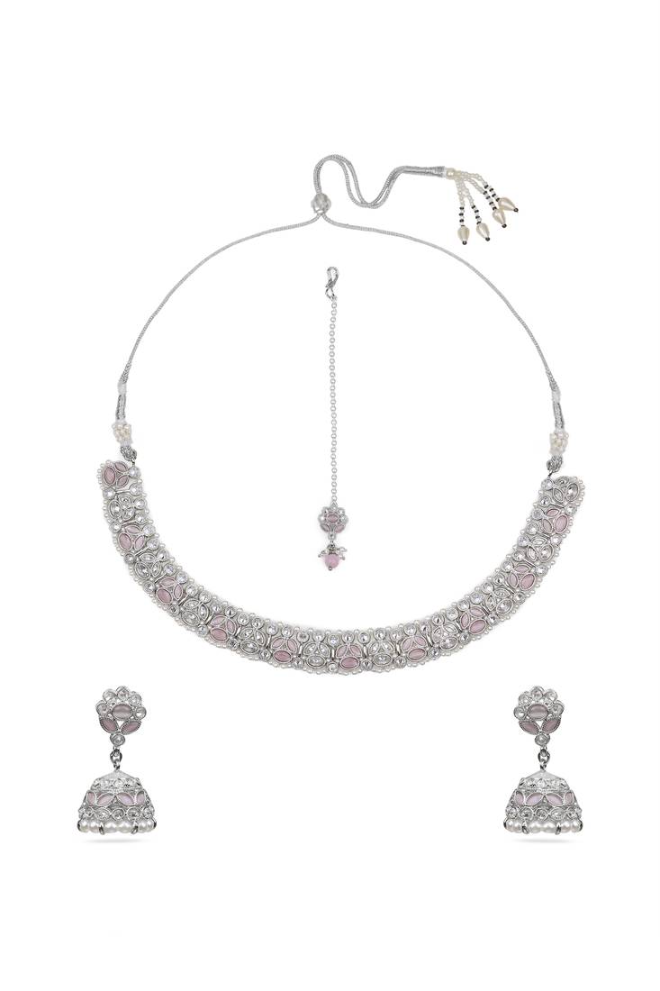 lavish flower design pearl kundan silver plated choker jewellery set for women