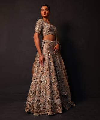 Champagne Gold Embroidered Silk Lehenga Set 2
