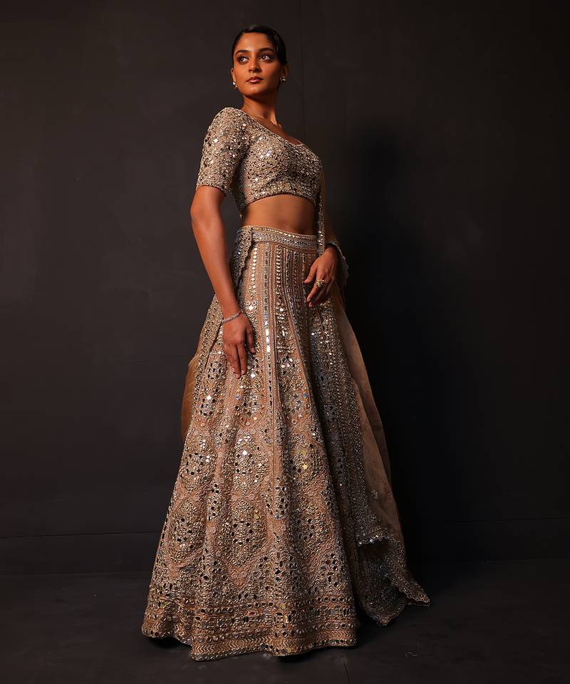 Champagne Gold Embroidered Silk Lehenga Set