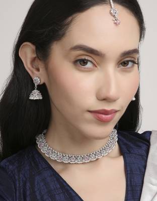 lavish flower design pearl kundan silver plated choker jewellery set for women 4