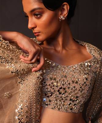 Champagne Gold Embroidered Silk Lehenga Set 3