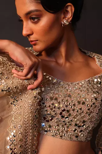Champagne Gold Embroidered Silk Lehenga Set