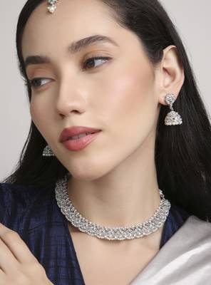 lovely flower design pearl kundan silver plated choker jewellery set for women 2