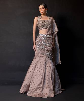 Mocha Brown Embroidered Organza Lehenga Set 1