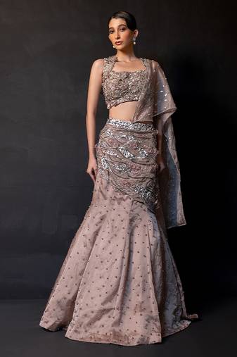 Mocha Brown Embroidered Organza Lehenga Set