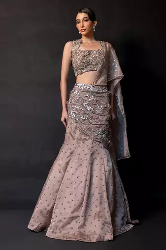 Mocha Brown Embroidered Organza Lehenga Set