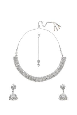 lovely flower design pearl kundan silver plated choker jewellery set for women 3