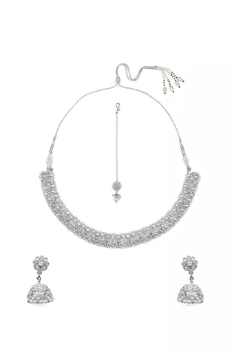 lovely flower design pearl kundan silver plated choker jewellery set for women