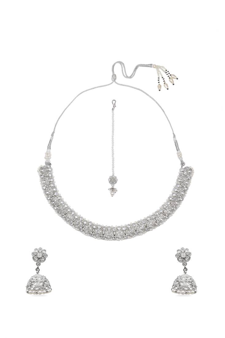 lovely flower design pearl kundan silver plated choker jewellery set for women
