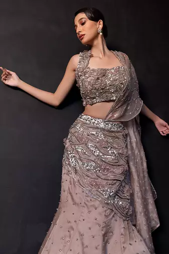 Mocha Brown Embroidered Organza Lehenga Set