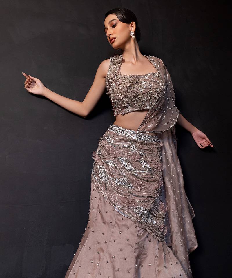 Mocha Brown Embroidered Organza Lehenga Set