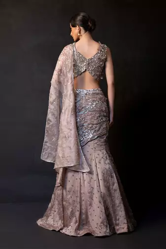 Mocha Brown Embroidered Organza Lehenga Set