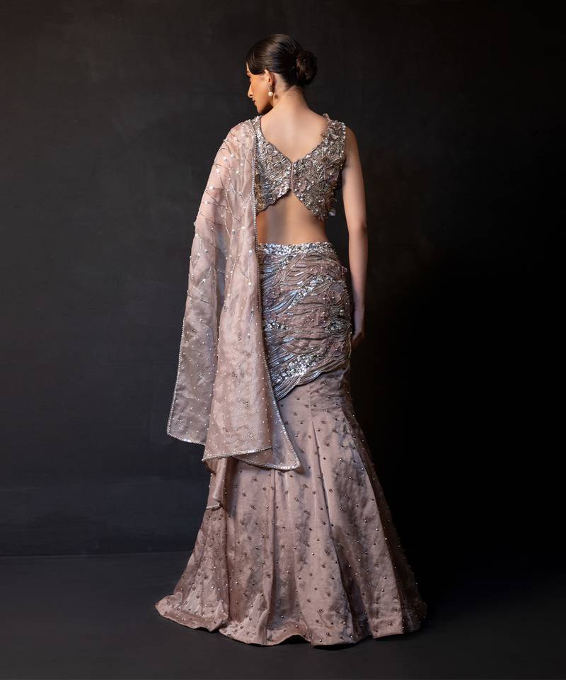 Mocha Brown Embroidered Organza Lehenga Set