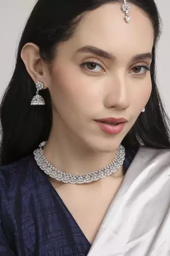 lovely flower design pearl kundan silver plated choker jewellery set for women