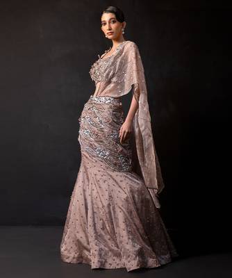 Mocha Brown Embroidered Organza Lehenga Set 4