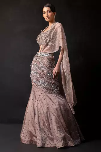 Mocha Brown Embroidered Organza Lehenga Set
