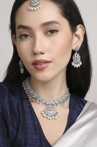 marvellous paisley design half-moon shape kundan silver plated choker jewellery set for women