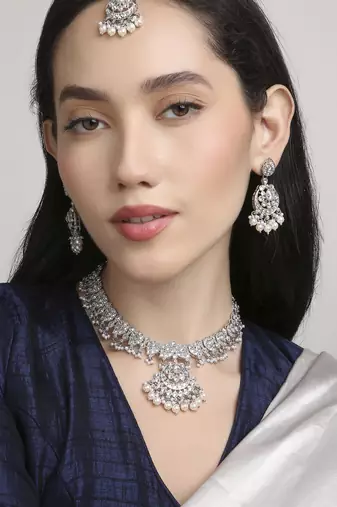 marvellous paisley design half-moon shape kundan silver plated choker jewellery set for women