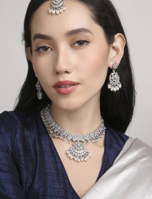 marvellous paisley design half-moon shape kundan silver plated choker jewellery set for women 2