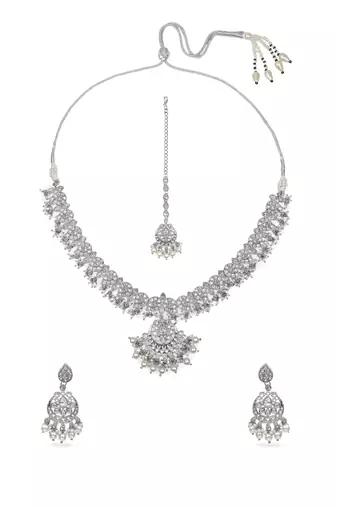 marvellous paisley design half-moon shape kundan silver plated choker jewellery set for women