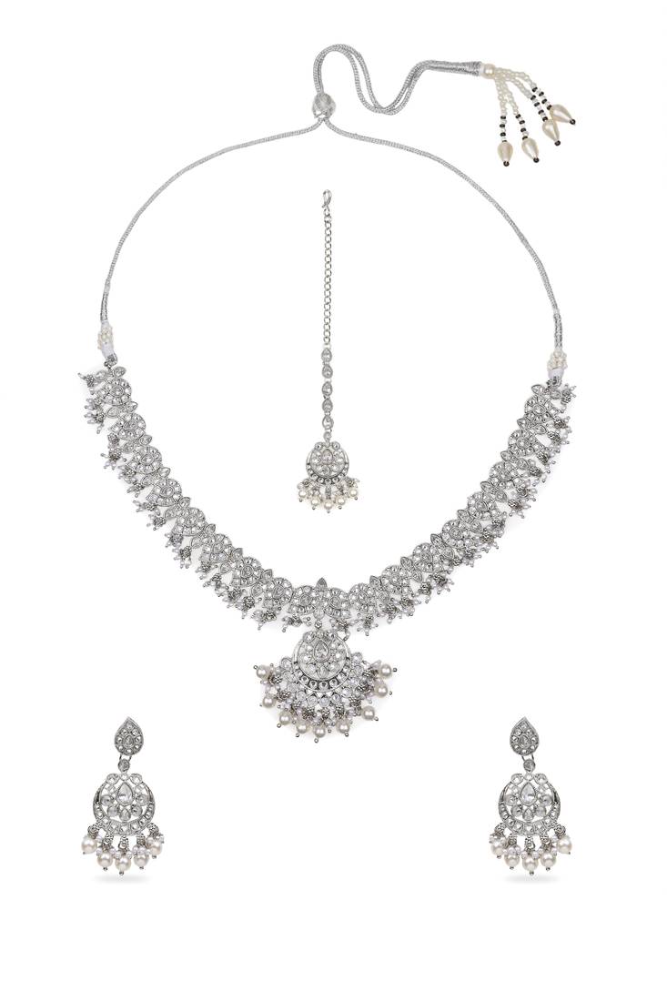 marvellous paisley design half-moon shape kundan silver plated choker jewellery set for women