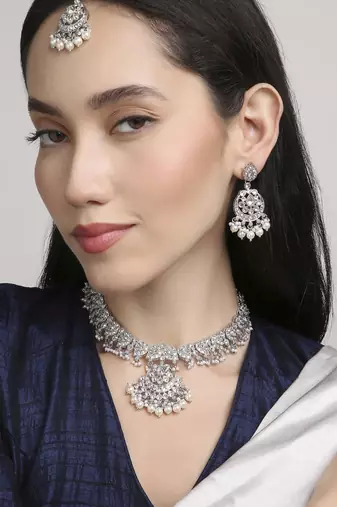 marvellous paisley design half-moon shape kundan silver plated choker jewellery set for women