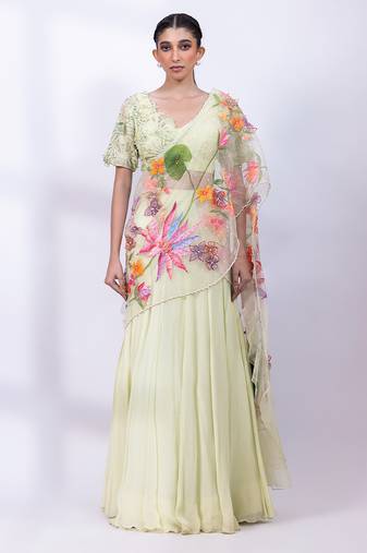Mint Green Chinon Organza Lehenga Set