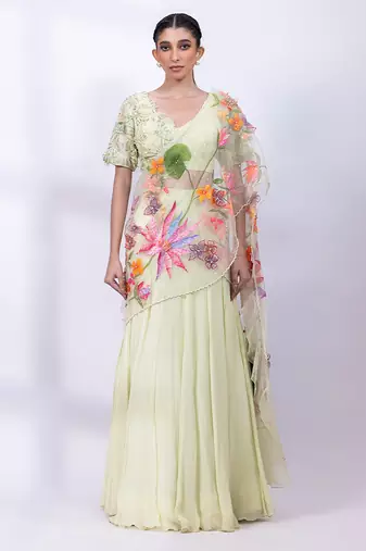 Mint Green Chinon Organza Lehenga Set