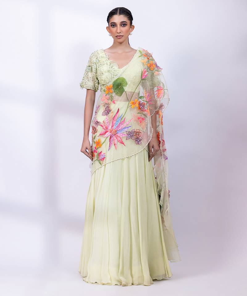 Mint Green Chinon Organza Lehenga Set