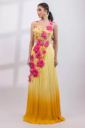 Yellow Ombre Chinon Organza Lehenga Set