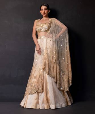 Champagne Gold Embroidered Satin Organza Lehenga Set 1