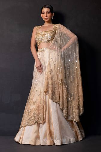 Champagne Gold Embroidered Satin Organza Lehenga Set