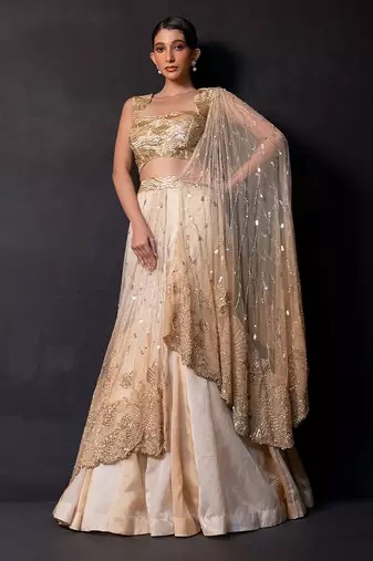 Champagne Gold Embroidered Satin Organza Lehenga Set