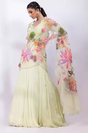 Mint Green Chinon Organza Lehenga Set