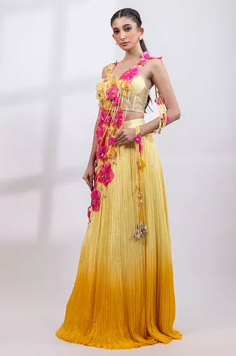 Yellow Ombre Chinon Organza Lehenga Set
