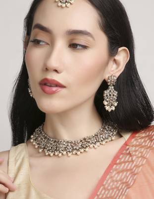gorgeous flower design pearl kundan antique gold plated choker jewellery set for women 1