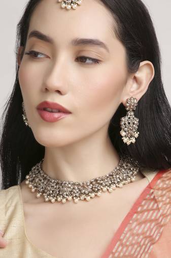 gorgeous flower design pearl kundan antique gold plated choker jewellery set for women
