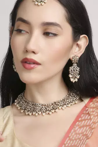 gorgeous flower design pearl kundan antique gold plated choker jewellery set for women