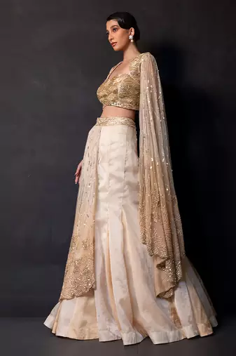 Champagne Gold Embroidered Satin Organza Lehenga Set