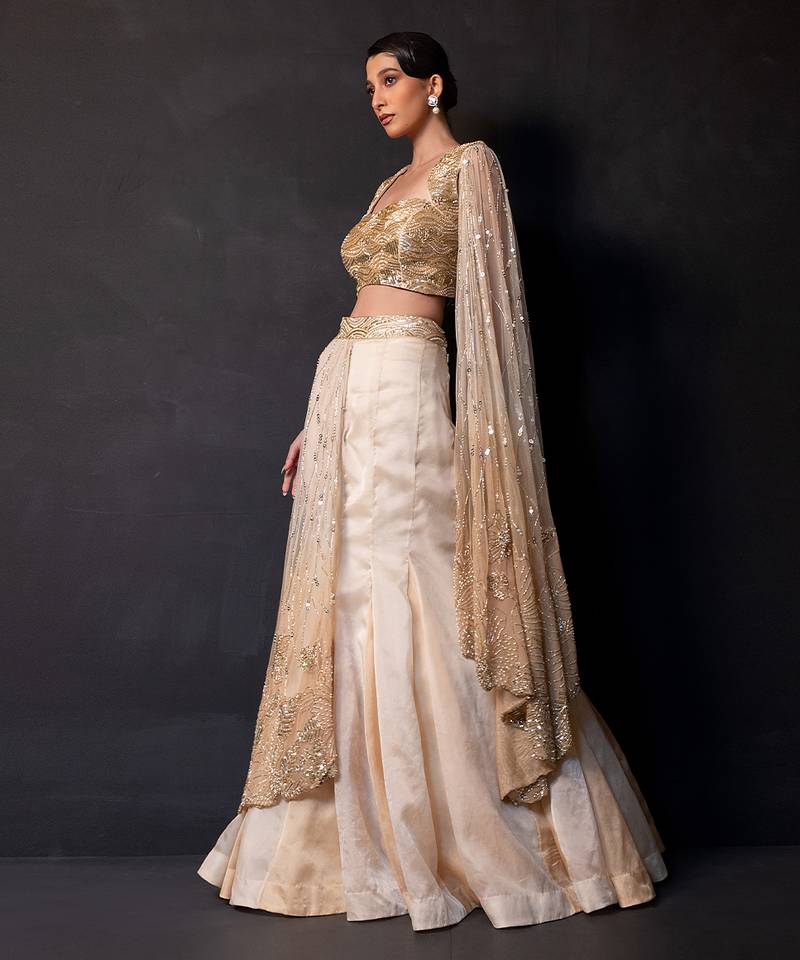 Champagne Gold Embroidered Satin Organza Lehenga Set