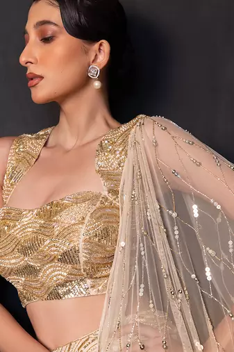 Champagne Gold Embroidered Satin Organza Lehenga Set