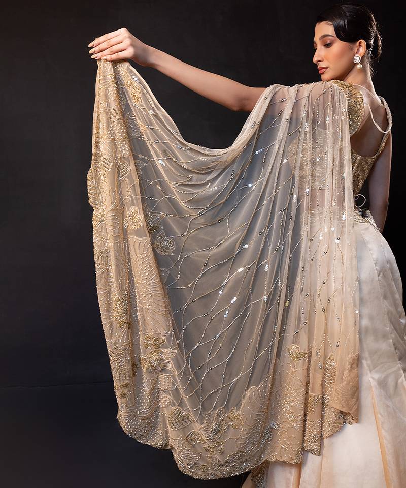 Champagne Gold Embroidered Satin Organza Lehenga Set